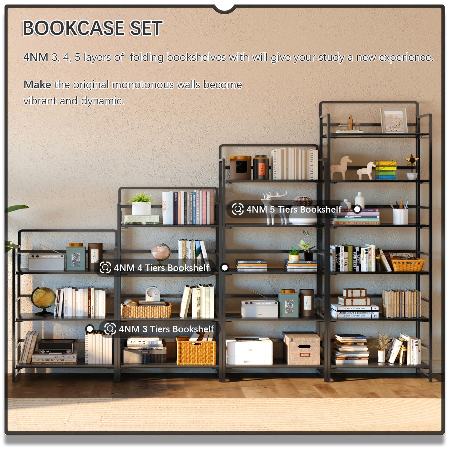 4NM No Assembly 6 Tiers Folding Bookshelf Storage Shelves Vintage Bookcase Standing Racks Study Organizer Home Office (Pink White)