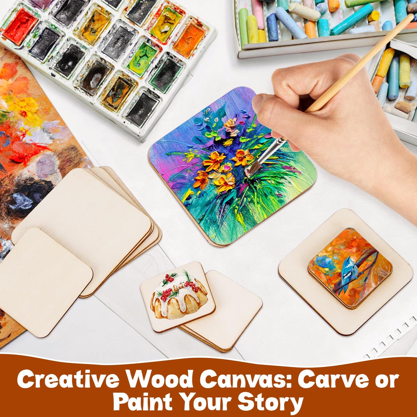 Meetory 42 Piece Unfinished Blank Wood Square,3 Different Size Wood Square Slices Cutouts for DIY Arts Craft Project, Pyrography Art, Painting Writing and Decoration(3 Sizes, 2", 3", 4")