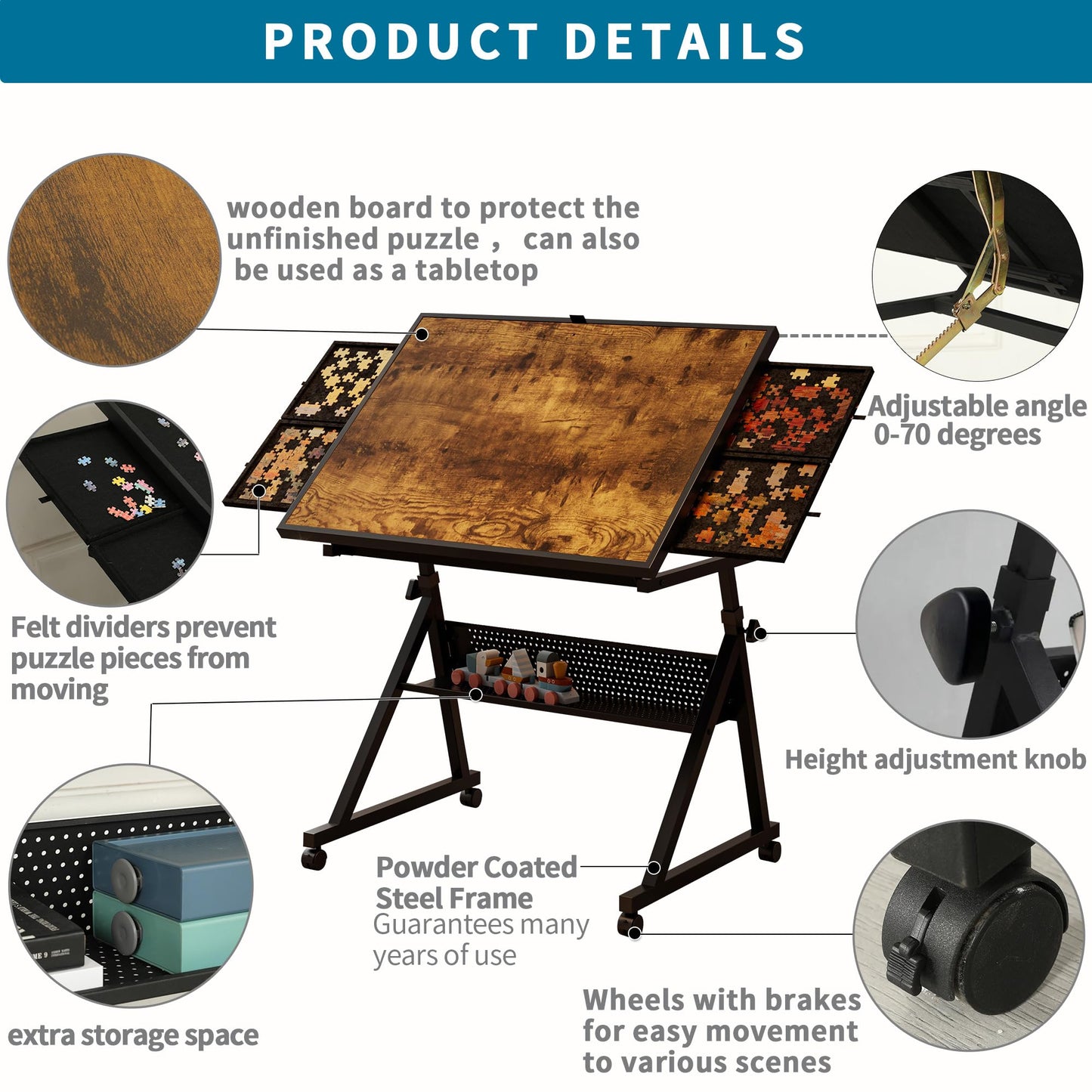 Adjustable Height & Angle Puzzle Table with Wheels, Jigsaw Puzzle Board for Adults, Metal Puzzle Desk with 4 Felt Trays, Wooden Protective Cover and Storage Shelf, Portable Puzzle Table,Brown & Black