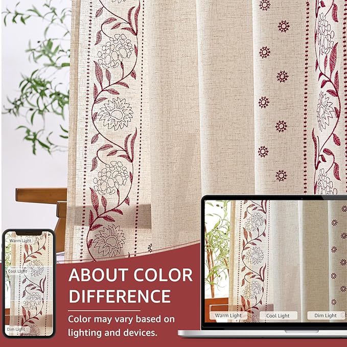 jinchan Winslow Linen Curtains for Bedroom 96 Inches Length Embroidered Bordered Floral Curtains for Living Room Farmhouse Decor Light Filtering Window Treatments Red on Beige Drapes 2 Panels