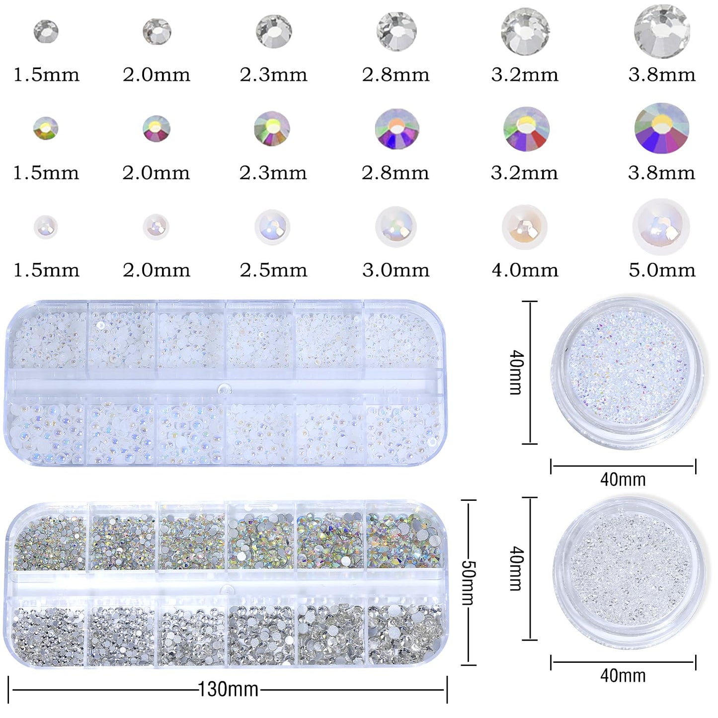 DZHILHMX Nail Rhinestones Pearls - Nail Charms for Acrylics, Flatback, Half Rounds, 4 Boxes, Crystals Gems, with Kit, for DIY Nail Art Decor