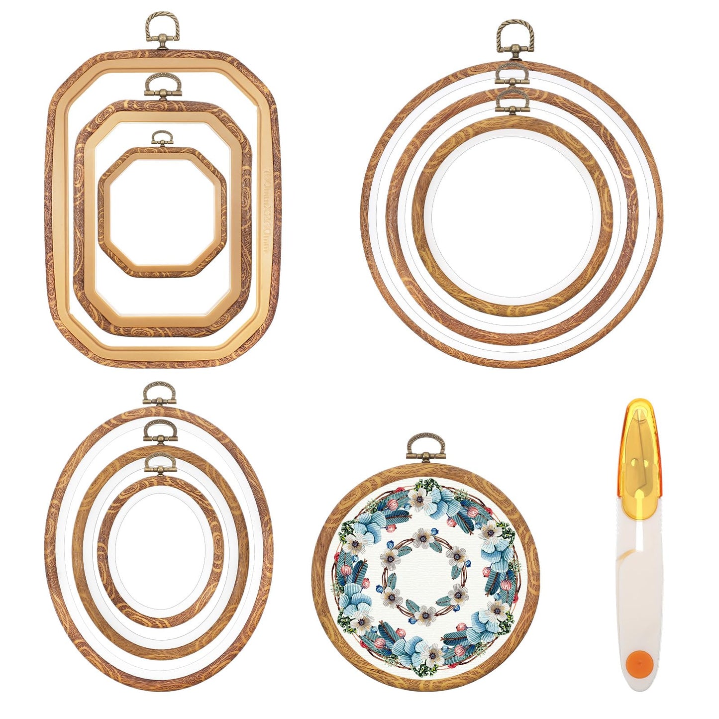 Oqqlin 9 Pcs Embroidery Hoop Frame, 4 Shapes Large Imitated Wood Cross Stitch Hoop Ring with Scissors Display Decorative Embroidery Hoops for DIY Arts, Crafts, Sewing, Hanging Ornaments Decor