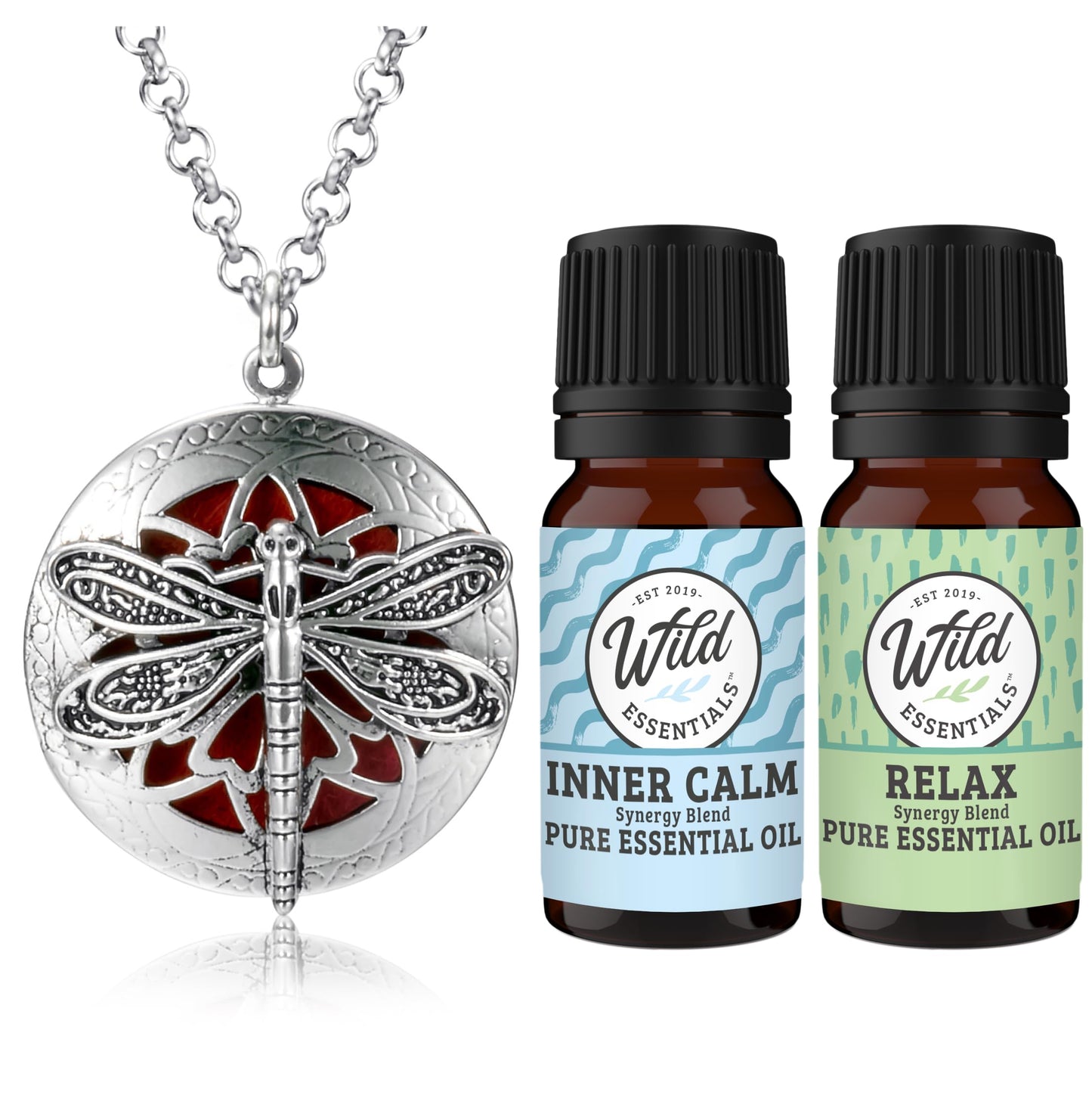 Wild Essentials Dragonfly Necklace Essential Oil Diffuser Kit with Lavender, Lemongrass, Peppermint, Orange Oils, 12 Refill Pads, Calming Aromatherapy Gift Set, Customizable Color Changing, Perfume