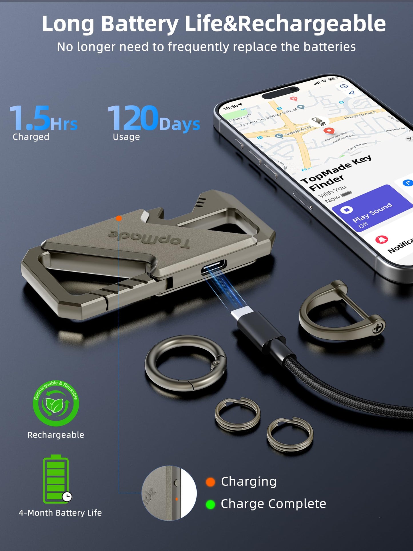 Keychain, Works with Apple Find My, Carabiner Heavy Duty Car Key Chains, Bottle Opener Anti-Lost Keys with Smart Bluetooth GPS Tracker, Rechargeable Smart Key Finder for Luggage, Backpack, Gunmetal