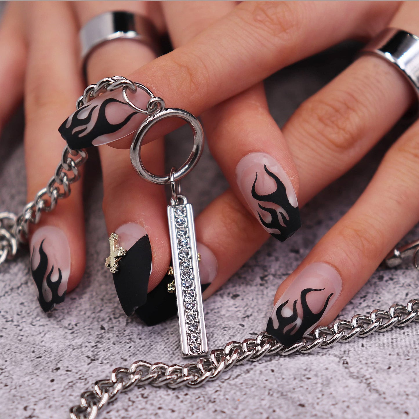 MISUD Press on Nails - Medium Coffin Glue on Nails with Goth Black, Acrylic Gothic Cross Design 24 pcs