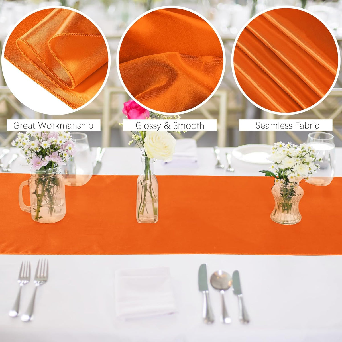 Aneco 12 Pack Satin Table Runner 12 x 108 Inch Orange Long Wedding Satin Silk Table Runner for Wedding Banquet Graduations Birthday Party Decoration