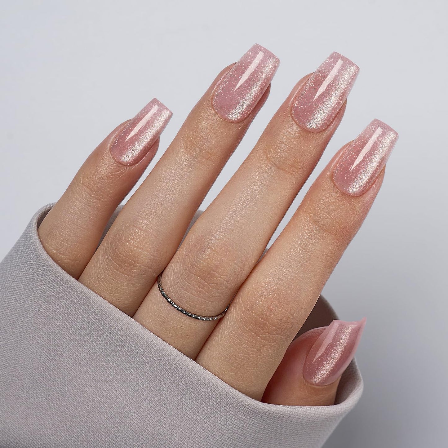 VSALON Short Coffin Press On Nails - Cat Eye Crystal Pink Glitter Fake Nails, Spring Summer Shimmer Reusable Opaque Fake Nails with Cuticle Oil - 32 PCS Stick On Nails in 16 Sizes