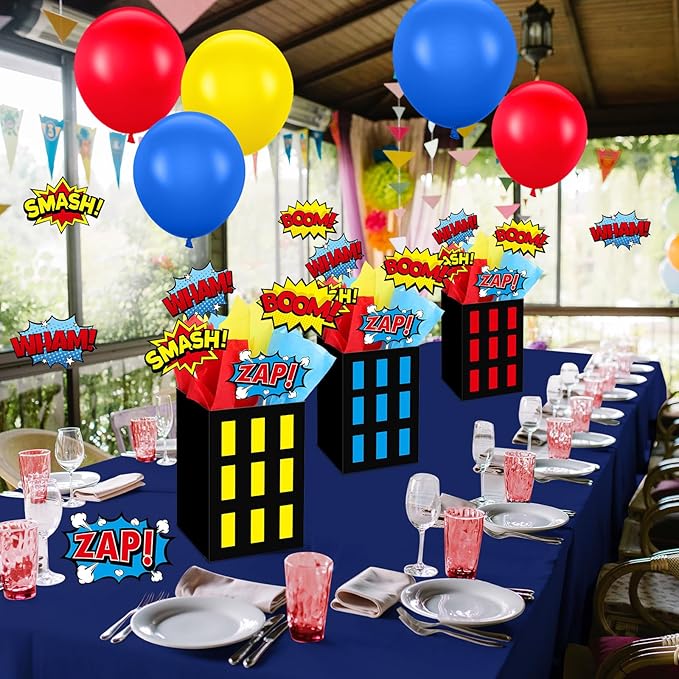 4 Sets Hero Theme Party Decoration Hero Boxes Centerpiece (7.9 x 5.1 x 5.1 Inch) Sticks with Tissue Paper Standing Cards Birthday Baby Shower Party Supplies (Red,Yellow,Blue)
