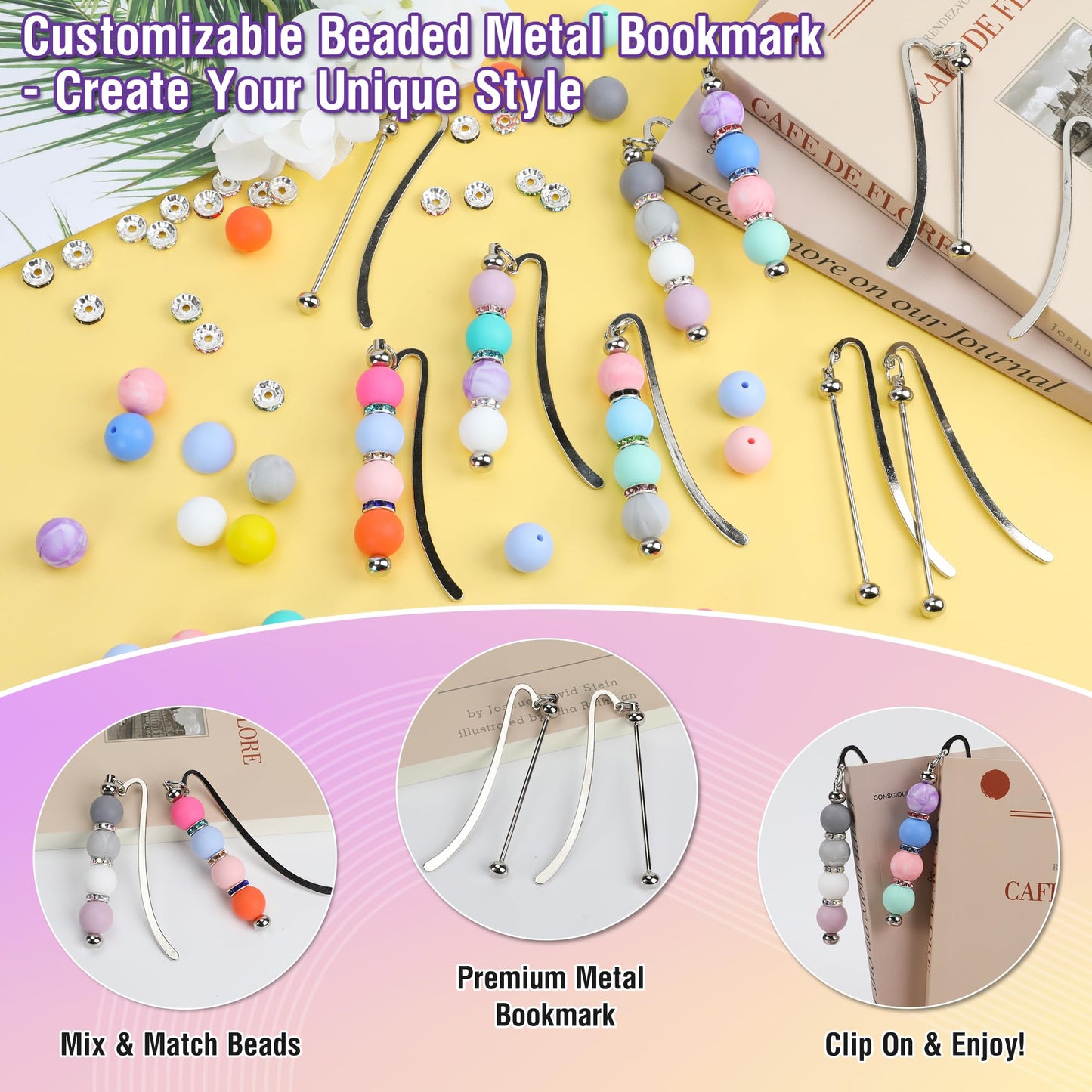 HOMAR 214 Pcs Beadable Bookmarks DIY Beading Bookmark Craft Kit, 20 Pcs Silver Metal Bar Bookmarks with 194 Beads, Bookmarks for Modern Beaded Craft, Gift for Book Lovers, Students, Teachers