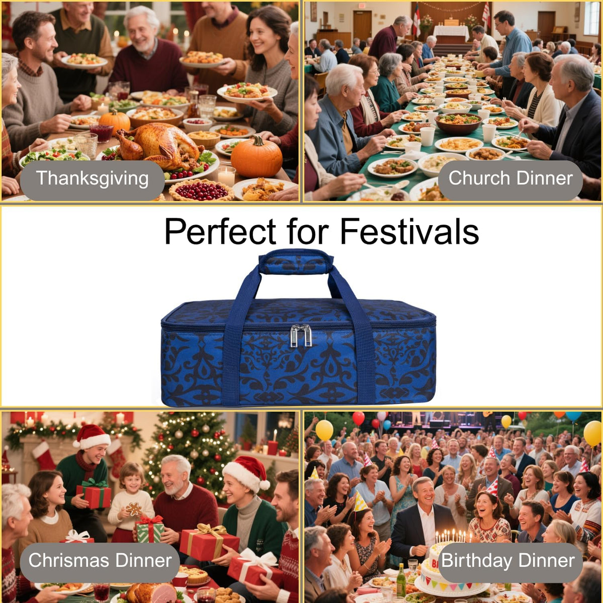 Insulated Casserole Carrier Bag - Portable Reusable Lunch Food Transport Tote Bag Keep Food Hot/Cold Fits 9x13" Lasagna Baking Dish for Gathering/Potluck Parties/Cookout/Camping/Offices-Blue/Black