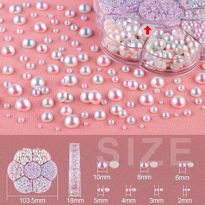 Nail Art Flat Back Half Round Pearl Kits 20, 1 Box of 6000 Pcs Flat-Back Pink Mermaid Pearl with Tweezer and Picker Pencil for Home DIY Nails Body Face Craft and Salon Use