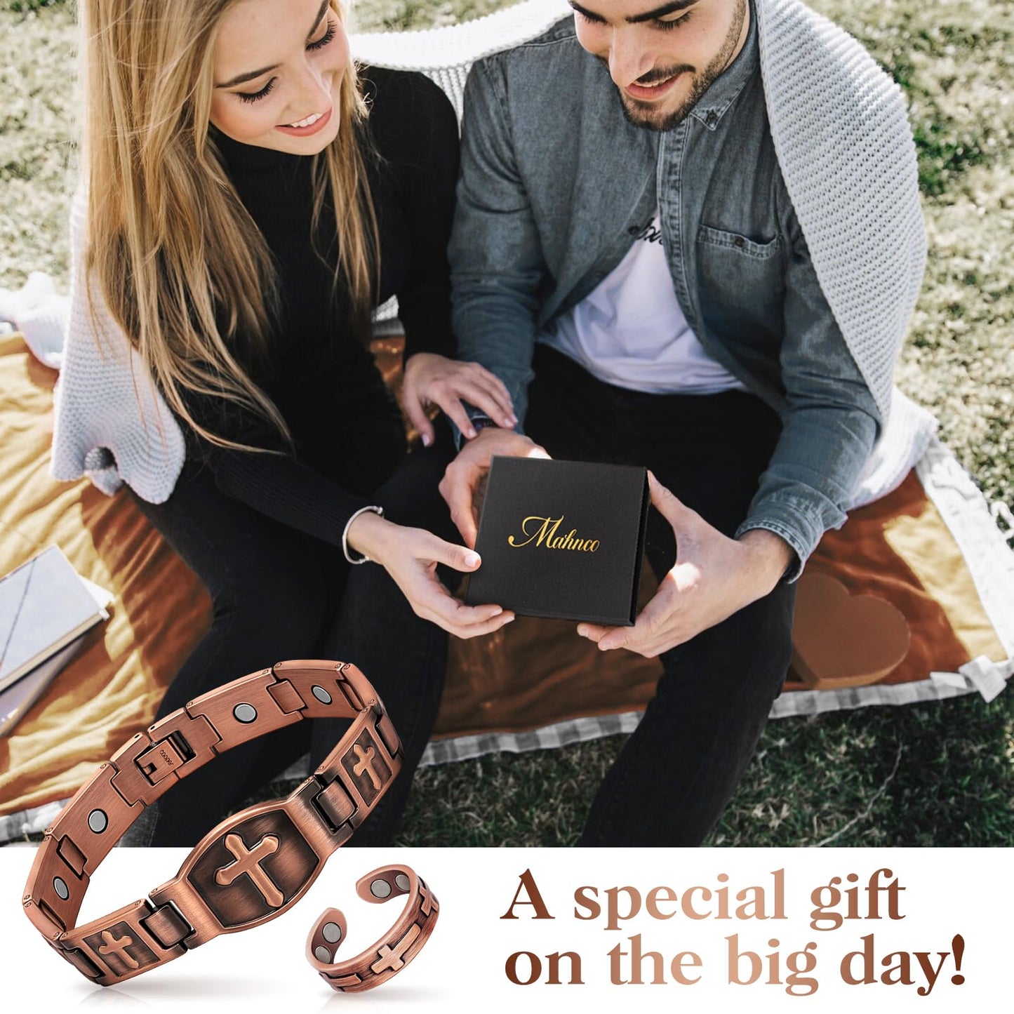 Mahnco Copper Bracelet for Men Ultra Strength Magnets Cross Bracelets for Men Pure Copper Magnetic Bracelet & Ring, Jewelry Gift with Sizing Tool