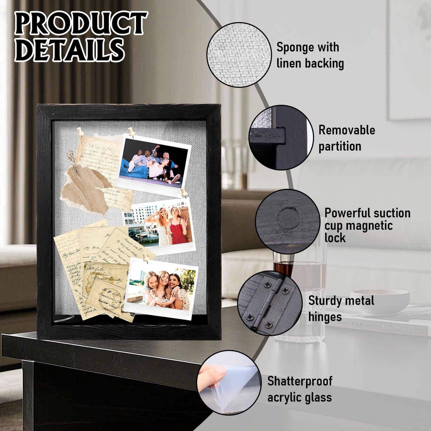 Shadow Box 14x11 Black Picture Frames Display Cases with LED Light,Memory Keepsakes Boxes with 4 Removable Trinket Shelf,for Anniversary Wedding Baby Graduates Memorial Collect-Distressed Retro