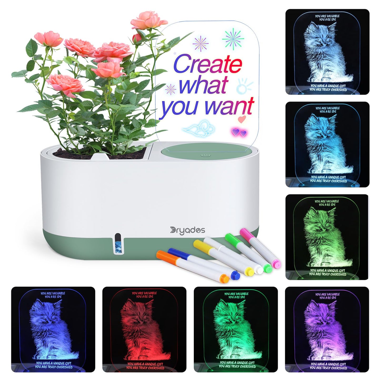 Self-Watering Planter with LED Note Board & 7 Colors Pen Acrylic Message Board with Light Acrylic Dry Erase Board, Led Cat Board Night Light with Planting Pot for Children's Day Gifts(No Plant&Seed)