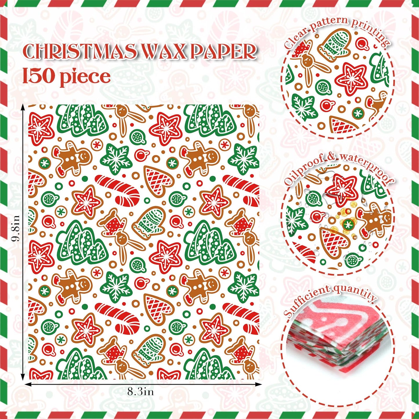 150 Sheets Gingerbread Man Food Wax Paper, 9.8x8.3in Christmas Grease Proof Deli Wrap for Sandwich, Food Grease Resistant for Xmas Home Kitchen