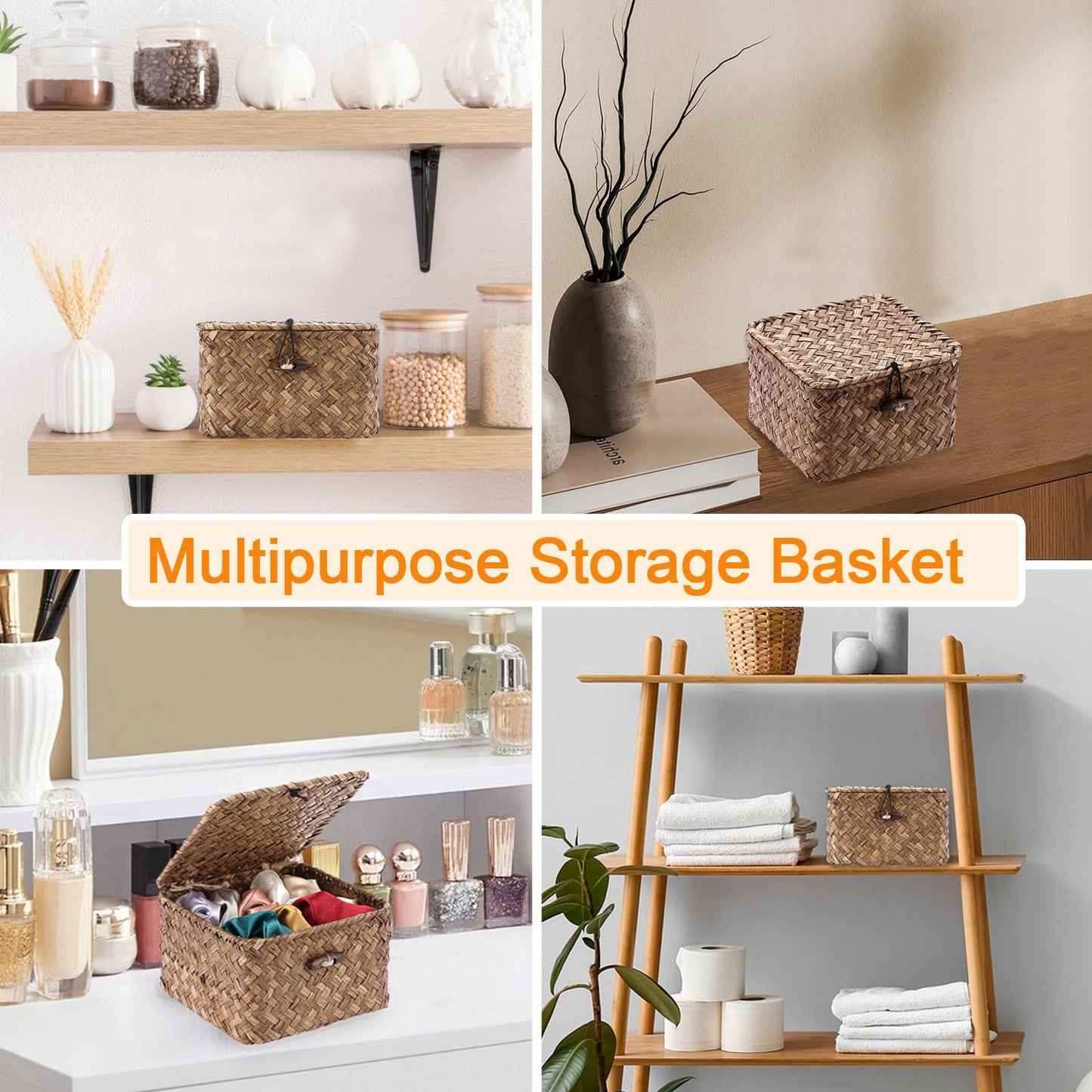 Hipiwe Seagrass Basket with Lid Wicker Storage Basket Square Handwoven Decorative Baskets Box for Shelf Multipurpose Household Baskets Home Decor,X-small