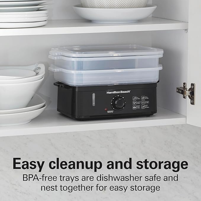 Hamilton Beach Electric Food Steamer, Rice Cooker & Egg Boiler for Quick, Fast Healthy Cooking with Stackable Three-Tier Bowls for Vegetables and Seafood, 9.5 Quarts, Black (37430)