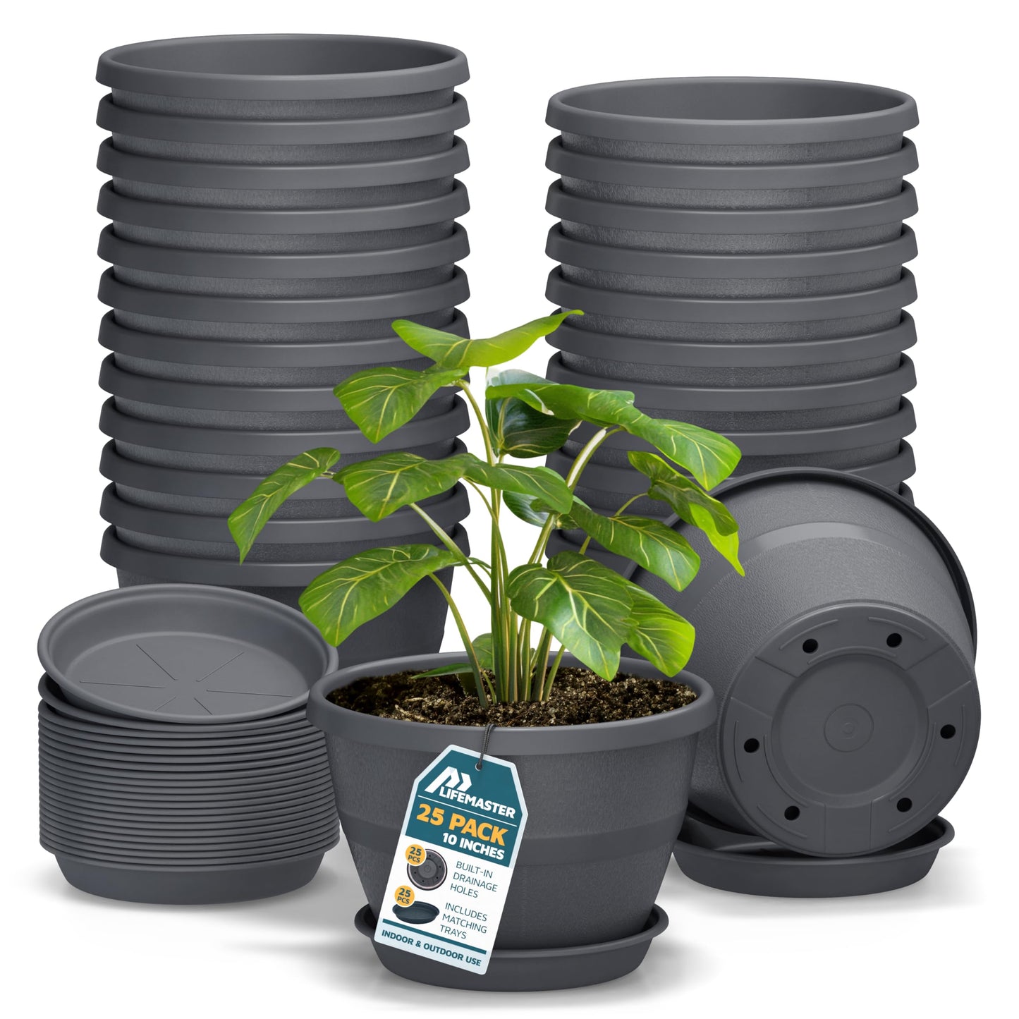 10-Inch Whiskey Barrel Planters Outdoor Pack of 25 - Durable Plastic Plant Pots for Indoor & Outdoor Use with Drainage & Saucer, Lightweight Rustic Barrel Planters for Flowers, Herbs & Small Plants