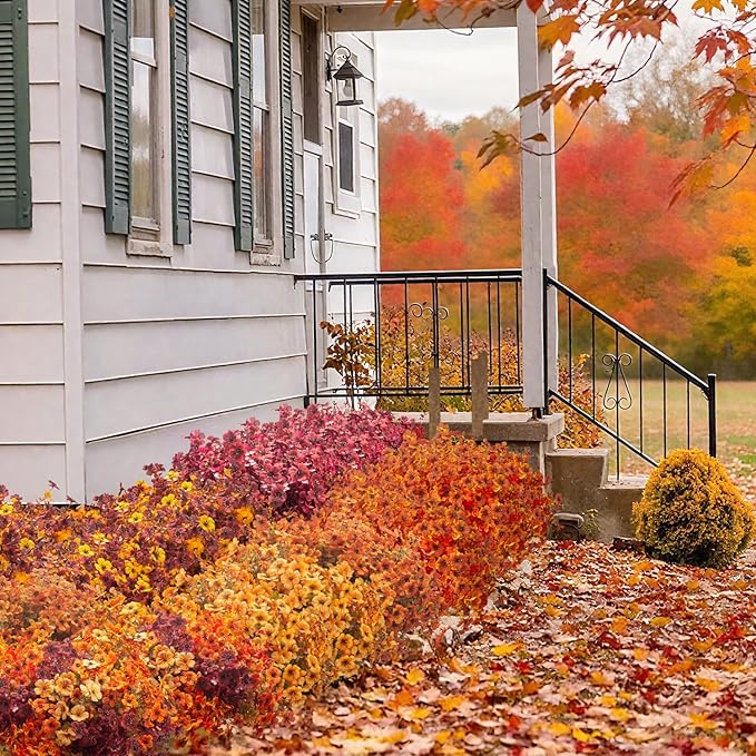 16 Bundles Artificial Fall Flowers Outdoor UV Resistant Faux Daisy, Colorful No Fade Autumn Decor for Front Door Porch Patio Yard Balcony Thanksgiving Christmas (Fall Mix)