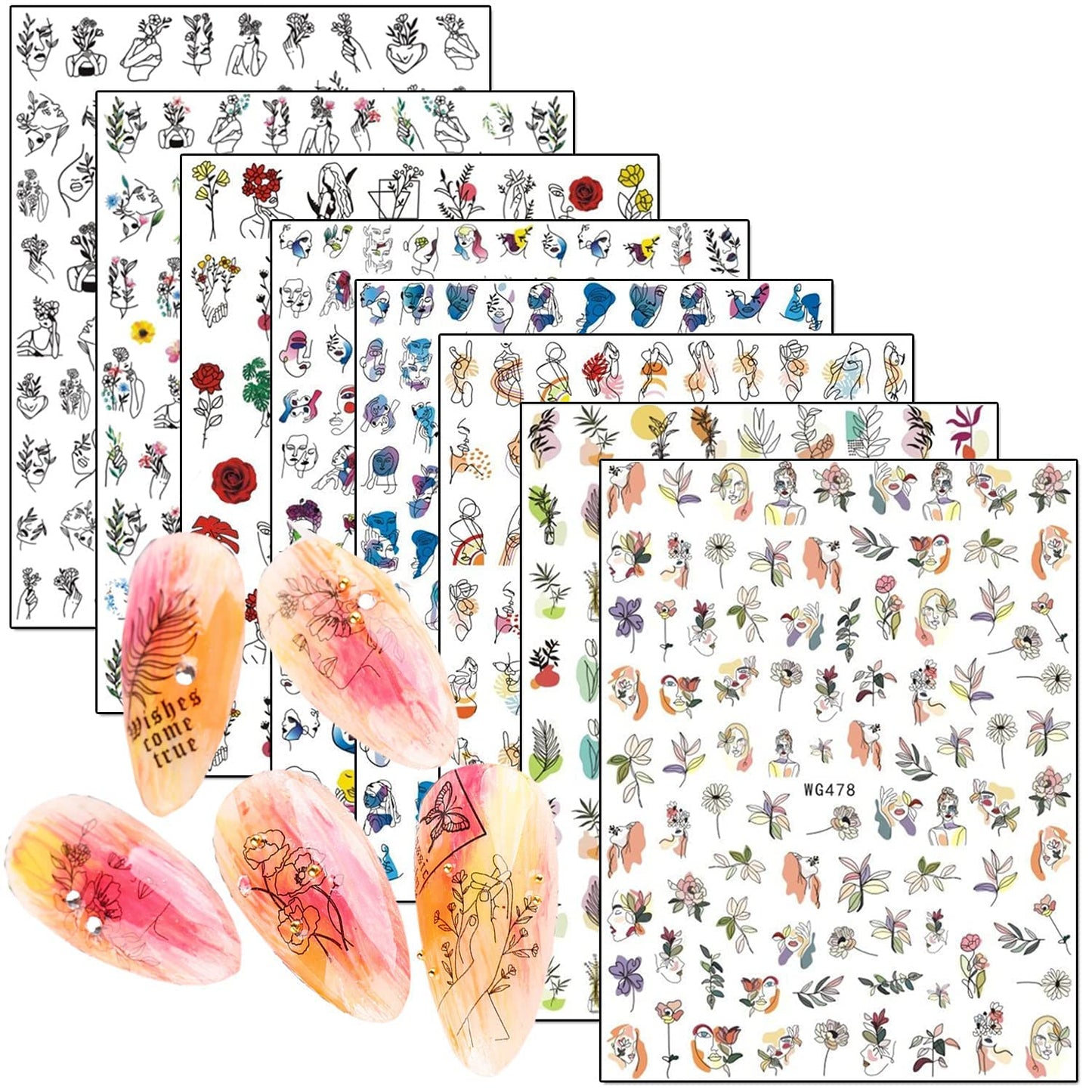 8 Sheets Heart Nail Art Stickers with 8 Sheets Abstract Nail Art Stickers