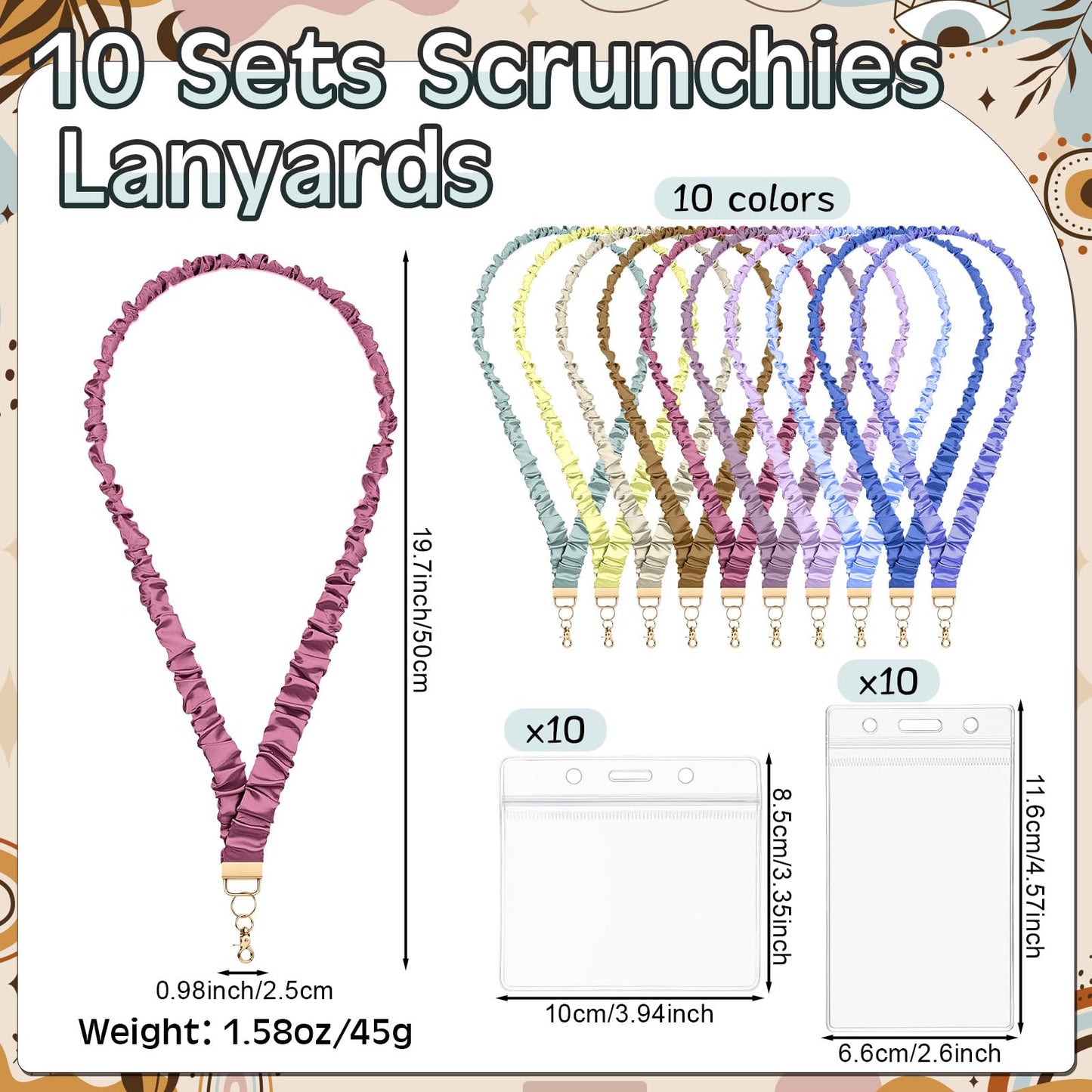 Lerheedi 10 Sets Scrunchies Lanyards with 20 Card Holders for ID Badges Keys Boho Color Stretchy Retractable Teacher Lanyard for Women Nurse Keychain Wallet