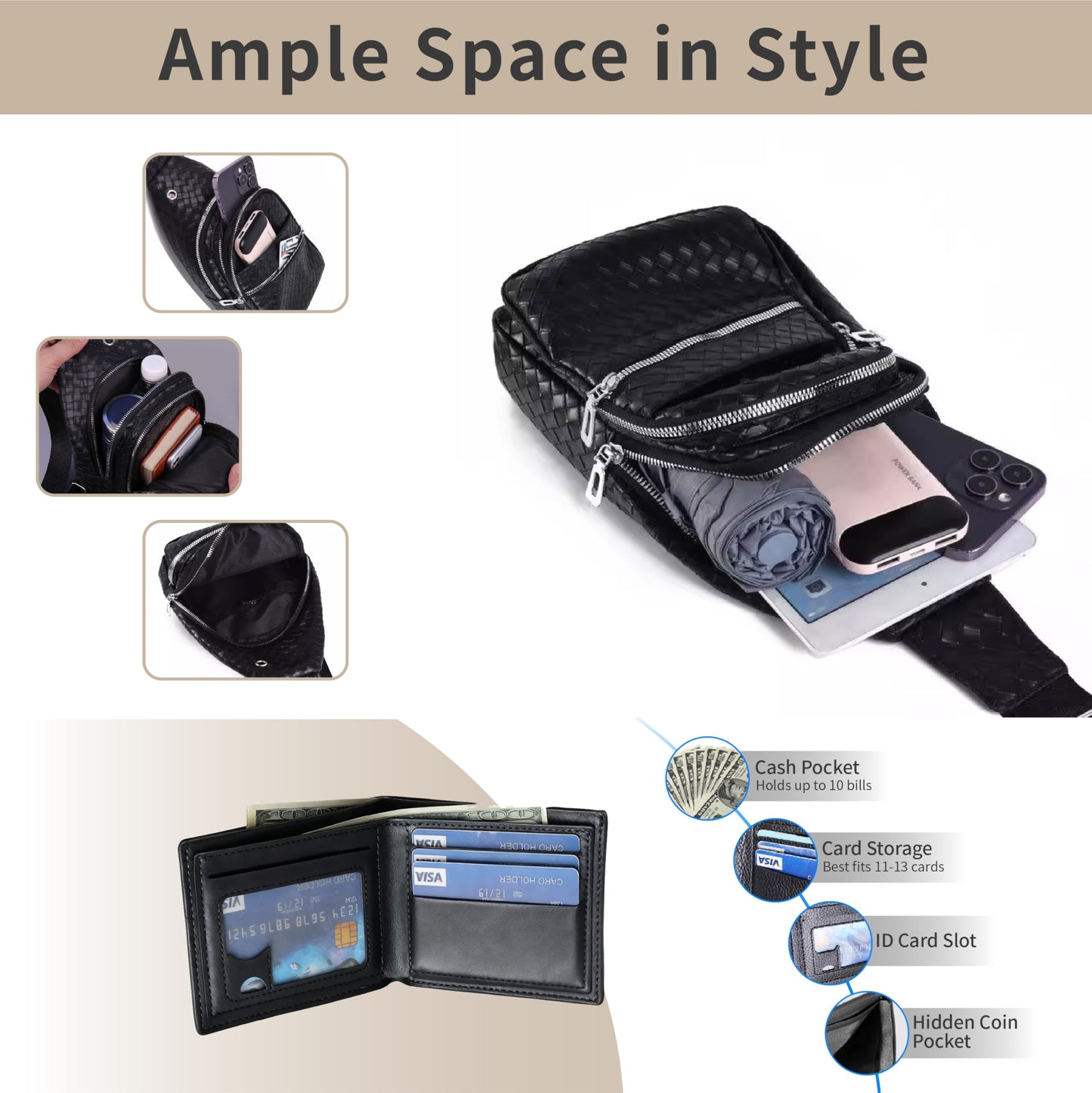 2 Pack Sling Bag Set, PU Leather Sling Bag with Classic Wallet, Multi-Zipper Design for Travel, Outdoors
