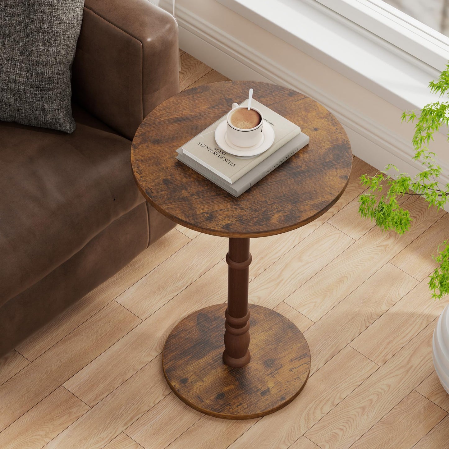 Homleke 16" Round Side Tables, Solid Wood Pillar with Wood Top & Base, Small Drink Accent Table for Living Room, Bedroom, Sofa & Office, Easy Assembly, Rustic Brown