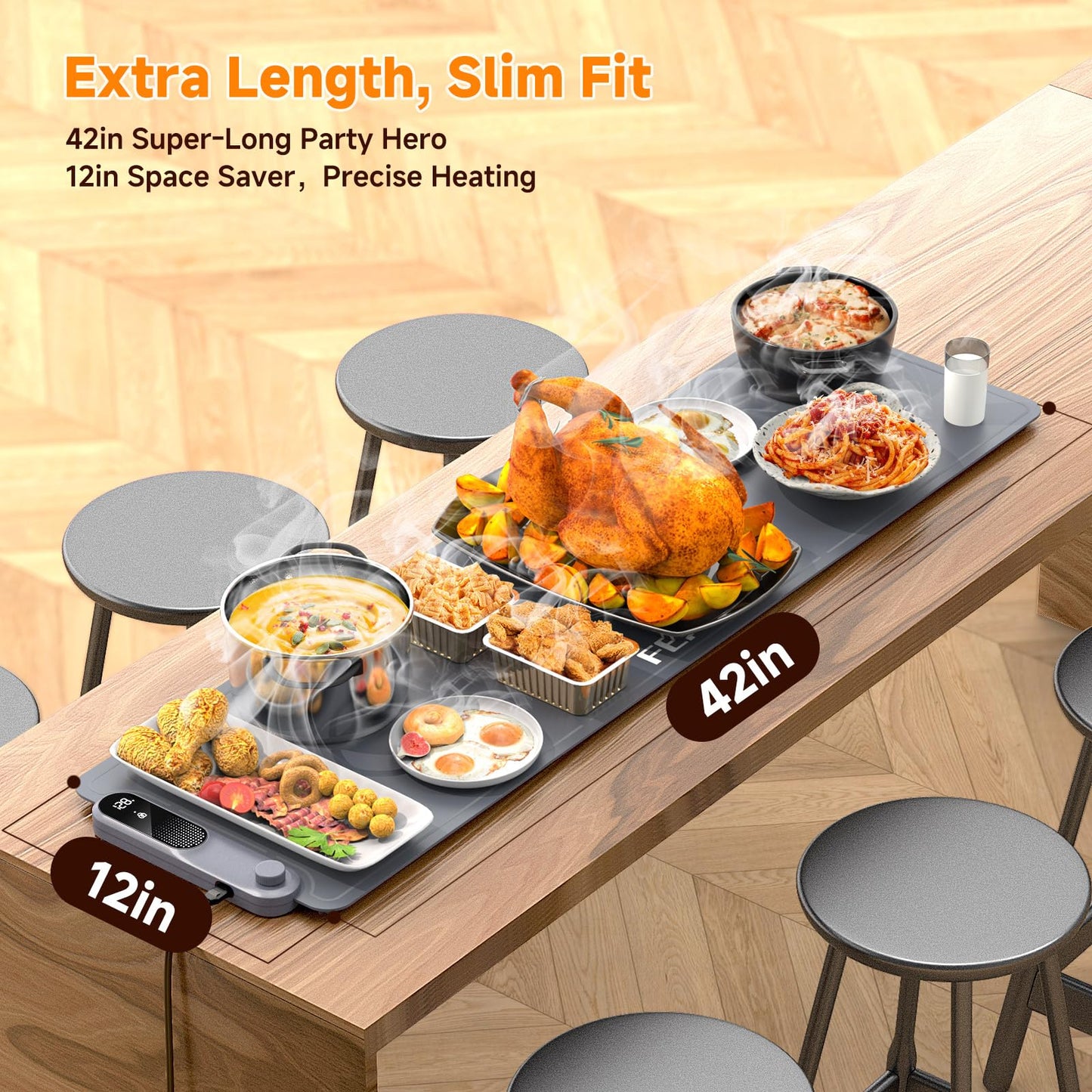 FEPPO Warming Mat for Food, Extra-Long Size 42"x12", Fast Full-Surface Heating Food Warming Mat with 6-Hour Timer & 19-Level Temperature Control, Roll Up Food Warmers for Parties Buffet