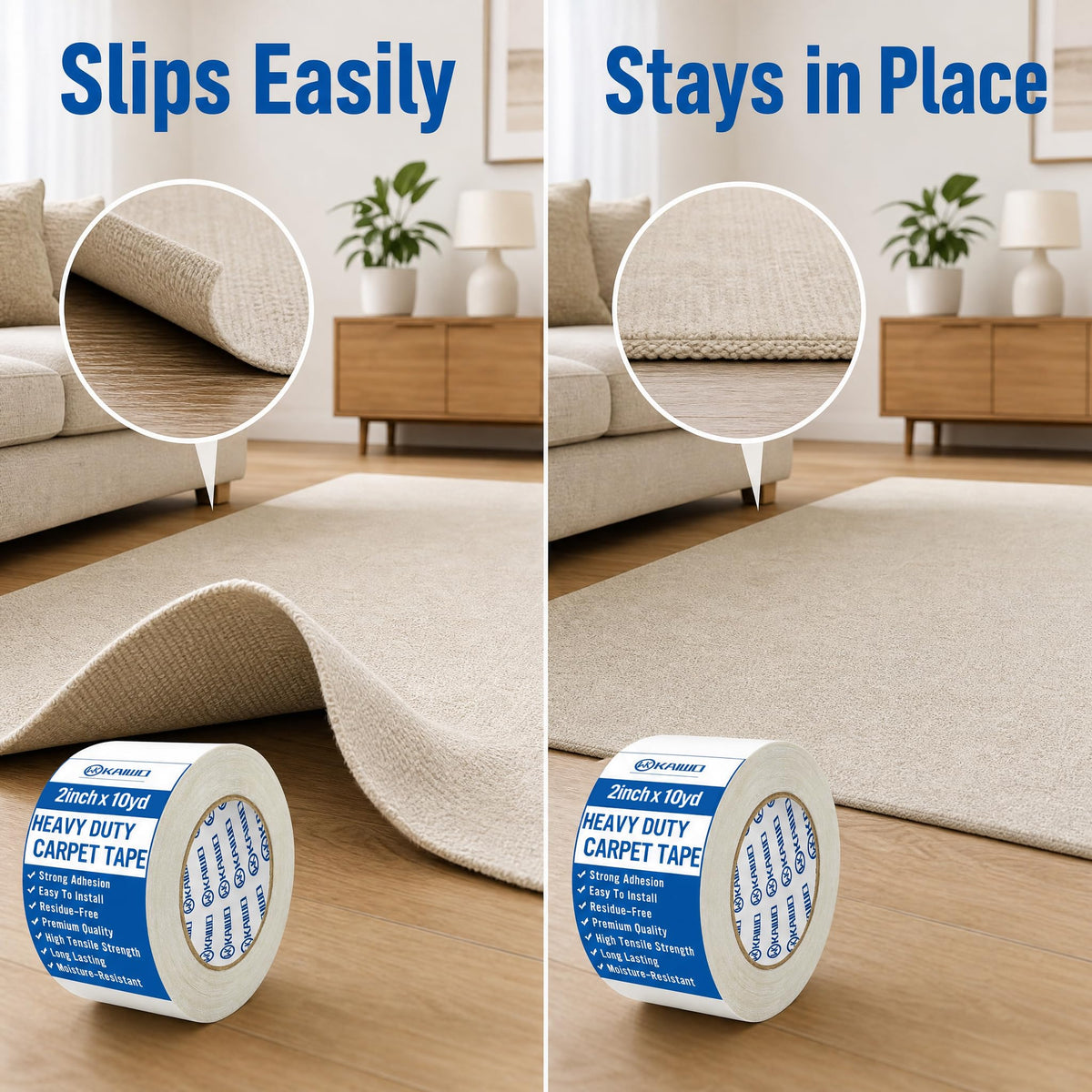 Heavy Duty Carpet Tape Double Sided 2 INx10YD Rug Tape for Area Rugs on Carpet (30 Foot)