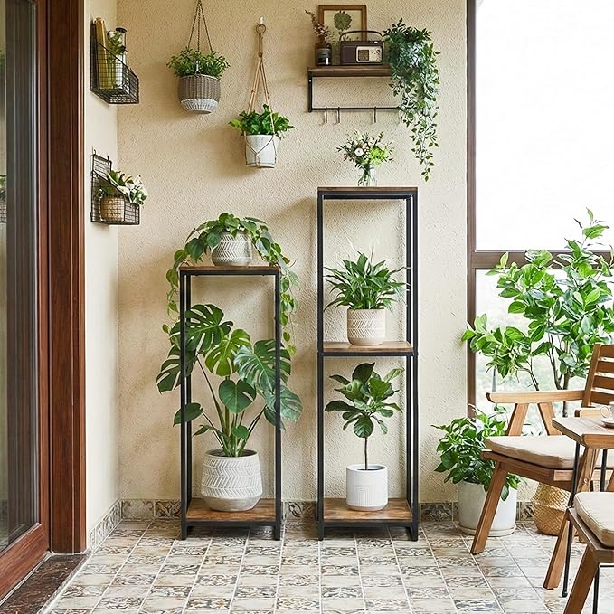 34" Tall Plant Stand Indoor, 2-Tier Modern Plant Shelf, Corner Flower Pot Holder Organizer for Living Room Balcony Patio Garden (Rustic Brown)