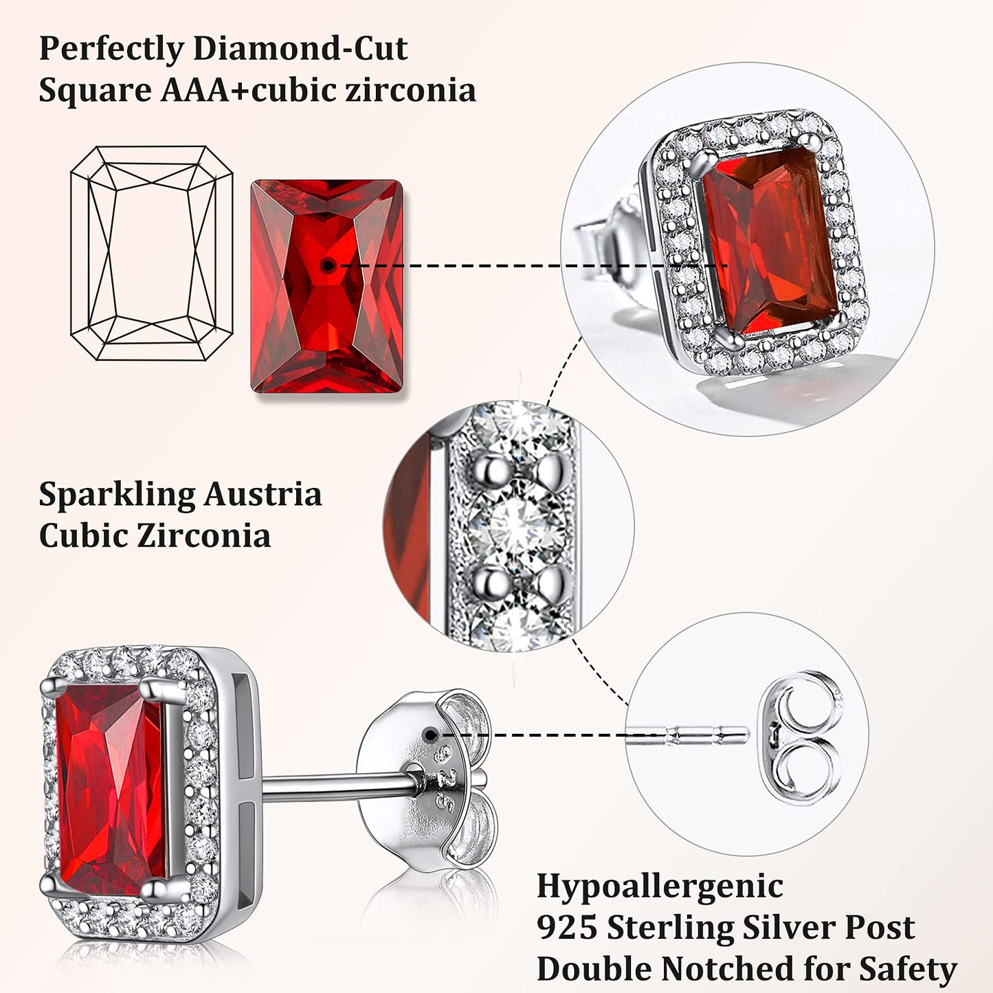 Bestyle 925 Sterling Silver Birthstone Earrings Love Square Cut Cubic Zirconia Stud, Brilliant Created July Ruby Earrings for Women