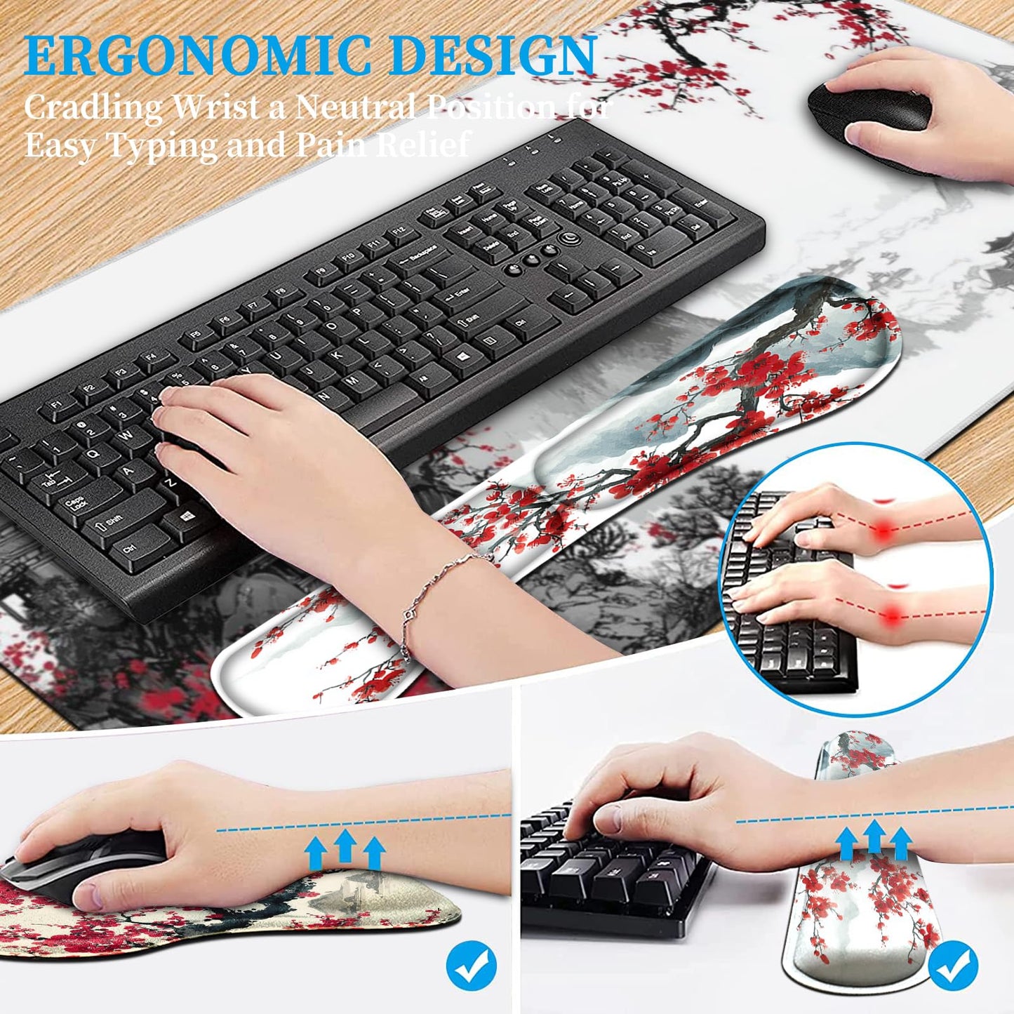 AQQA Japanese Desk Mat Set, Large Gaming Mouse Pad with Wrist Rest, Ergonomic Mouse Pad Keyboard Mat Wrist Support,Phone Holder,Cup Coaster,Home Office Desk Accessories Decor Supplies, Cherry Blossom