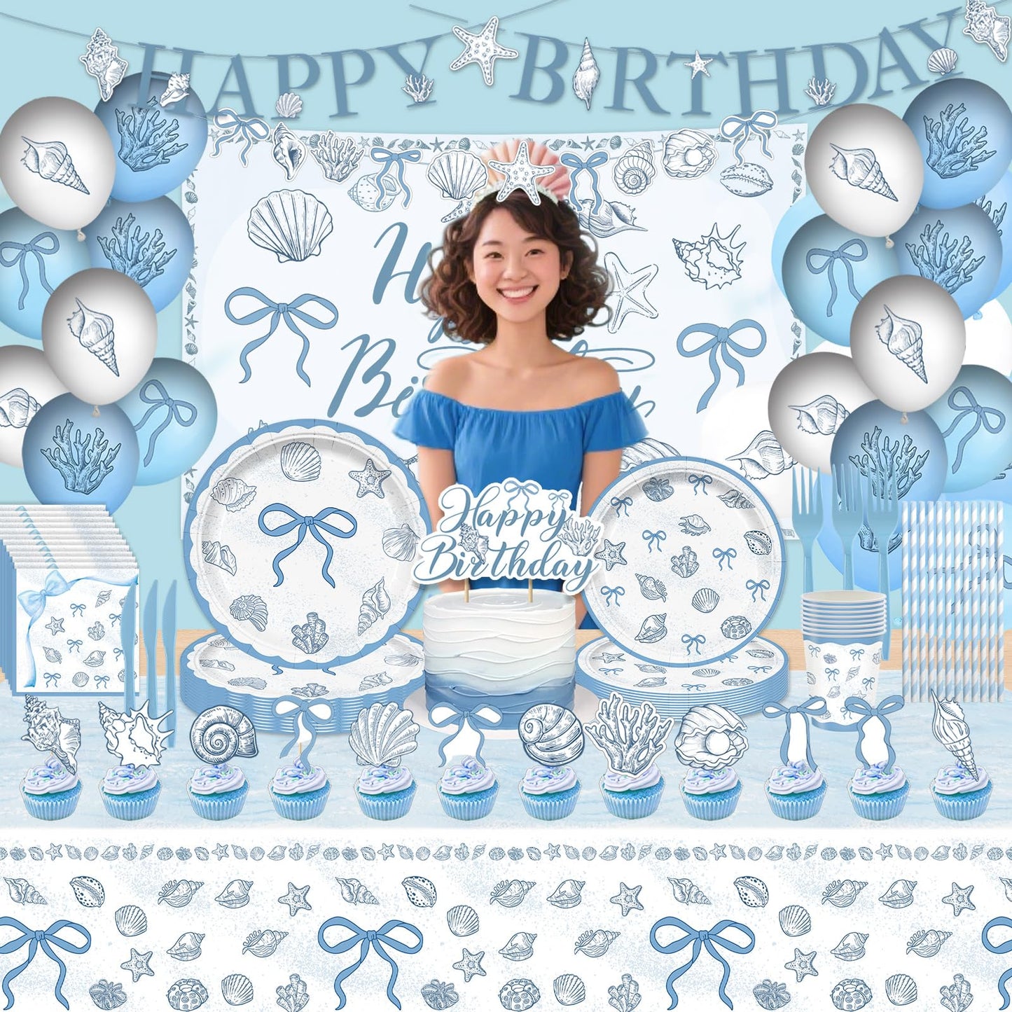 Seashell Birthday Party Decorations Include Balloons-Cake Topper-Cupcake Toppers-Banner-Backdrop-Plates-Beach Tablecloth-Napkins-Cups-Straw and Cutlery for The Summer I Turned Pretty Party Decor