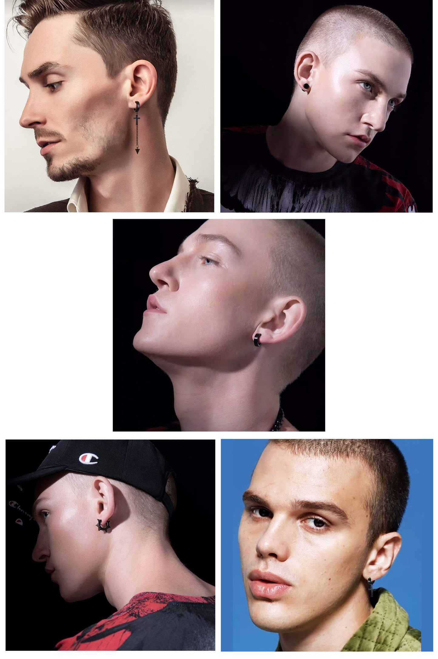 5 Pairs Black Stainless Steel Non-Piercing Spike Rivet Cross Dangle Tassel Clip on Hoop Earrings Set for Women Men, Non Pierced Fake Ear Clip Stud Earrings (Black)