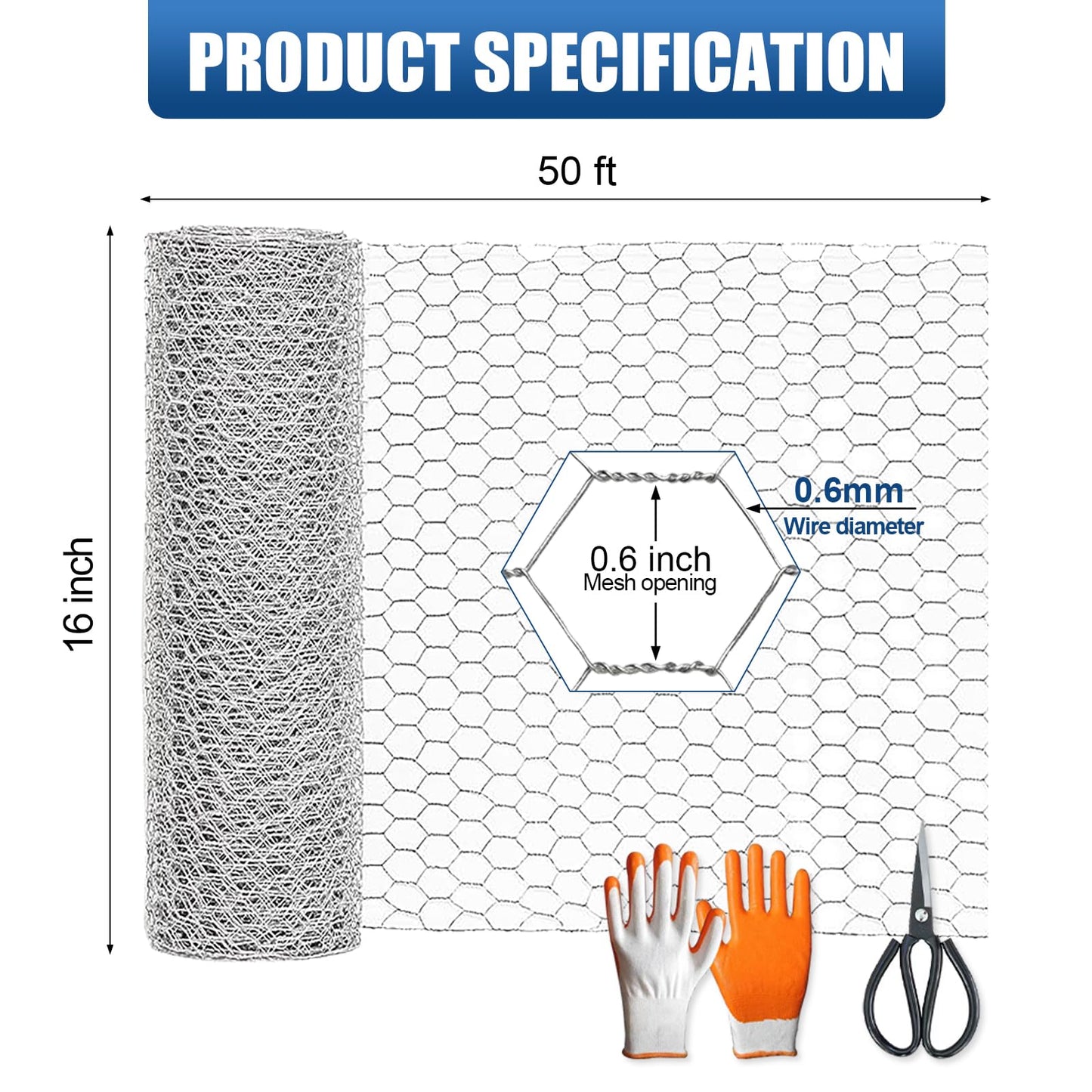 Chicken Wire,16"×50FT Chicken Wire Fencing for Garden Poultry, Hexagonal Galvanized Chicken Wire Mesh, Sturdy Chicken Wire Roll Plant Protector,Rabbit Fence, Wire Fence Rolls for Craft Projects