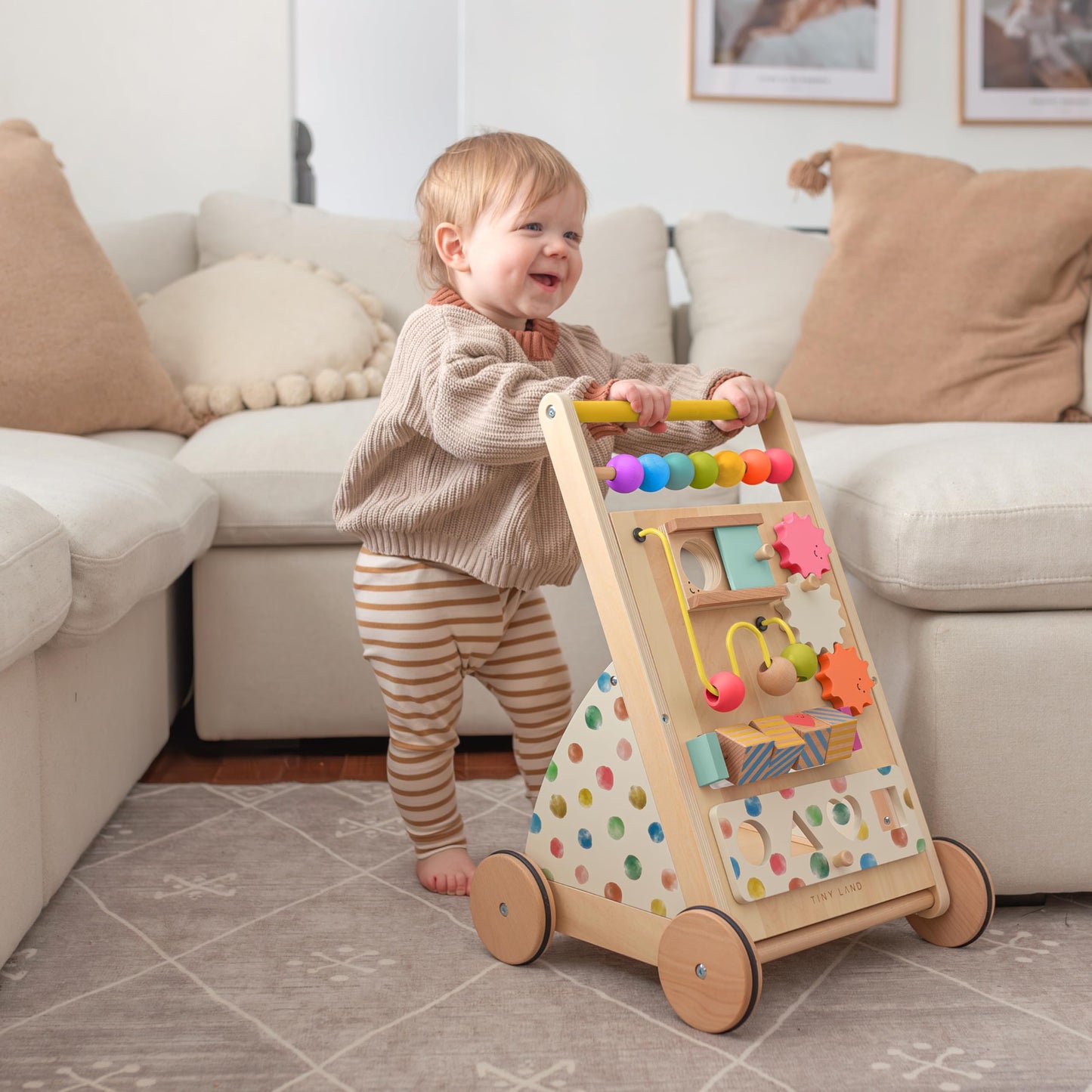 Tiny Land Wooden Baby Walker with Adjustable Speed, Montessori Activity Push Walker Toy for Toddlers, Colorful Learning Walker for Boys & Girls (Rainbow)