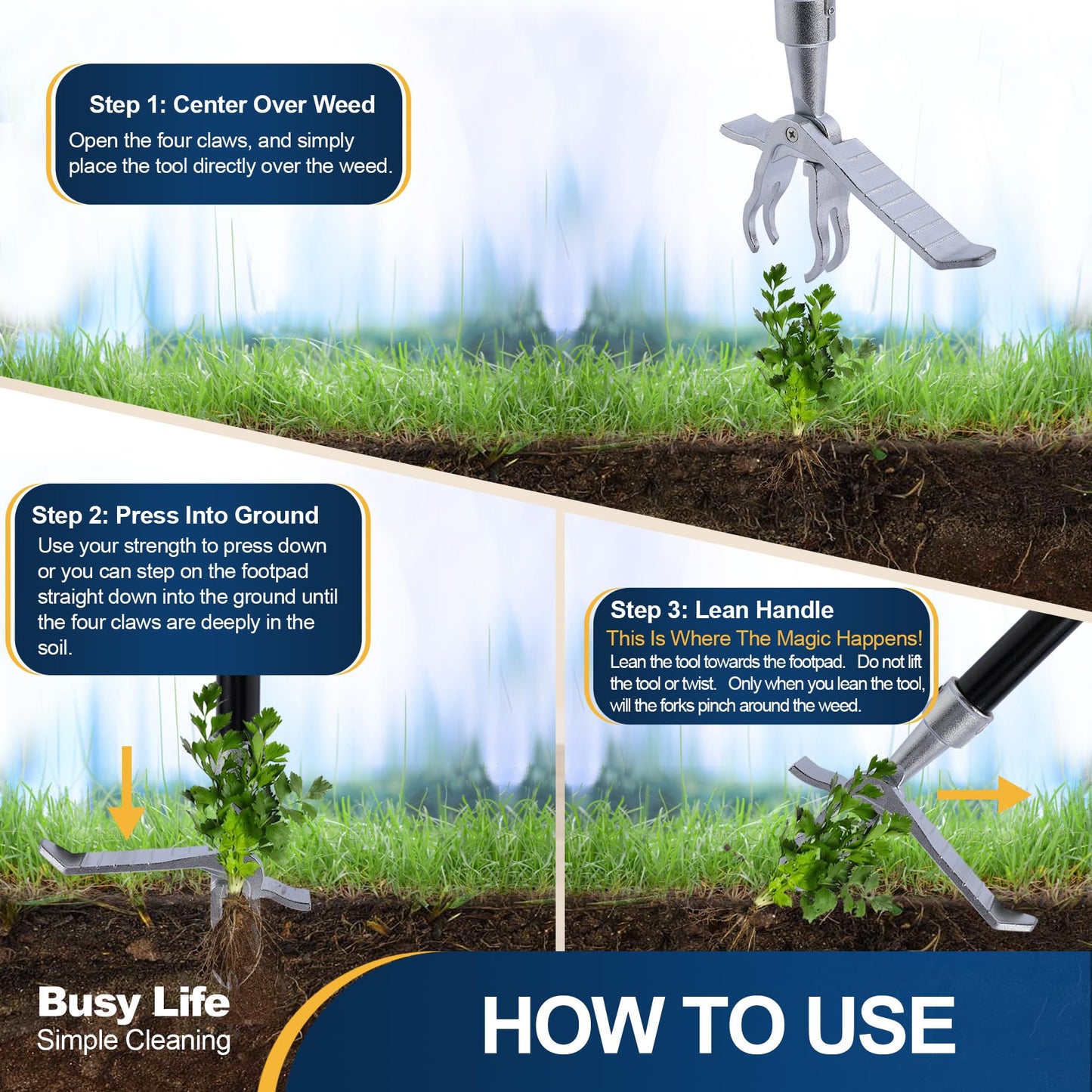 Yocada Weed Puller Tool Stand Up Weed Remover Tool with 4 Claw Steel Head Weeder Tool Long Handle Garden Hand Weeding Tool Easily Remove Weeds Roots Without Bending Pulling Kneeling 62.59"
