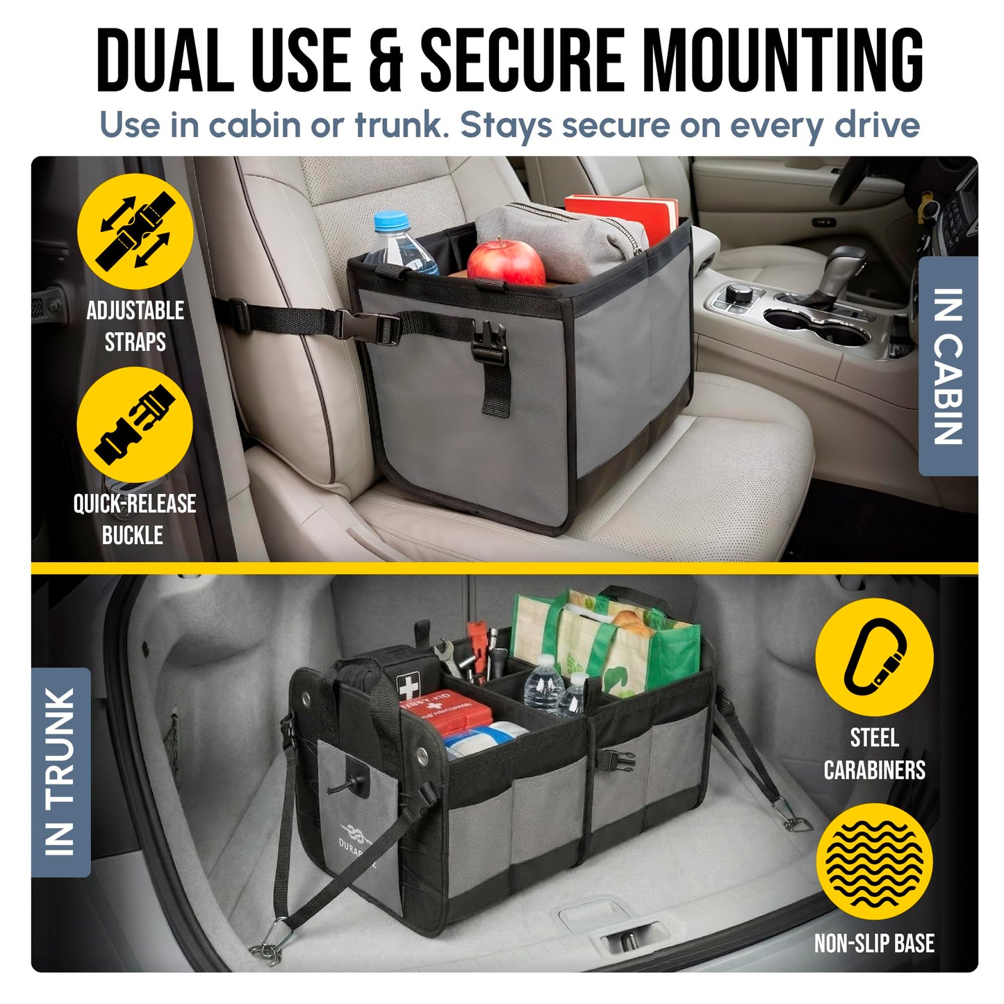 DURABLEZ Modular 4-Section XL Trunk Organizer – Car Storage for Groceries, Tools, Sports Gear, Emergency Kits – Extra Large Multi-Compartment Cargo Box, Collapsible & Heavy Duty – Gray
