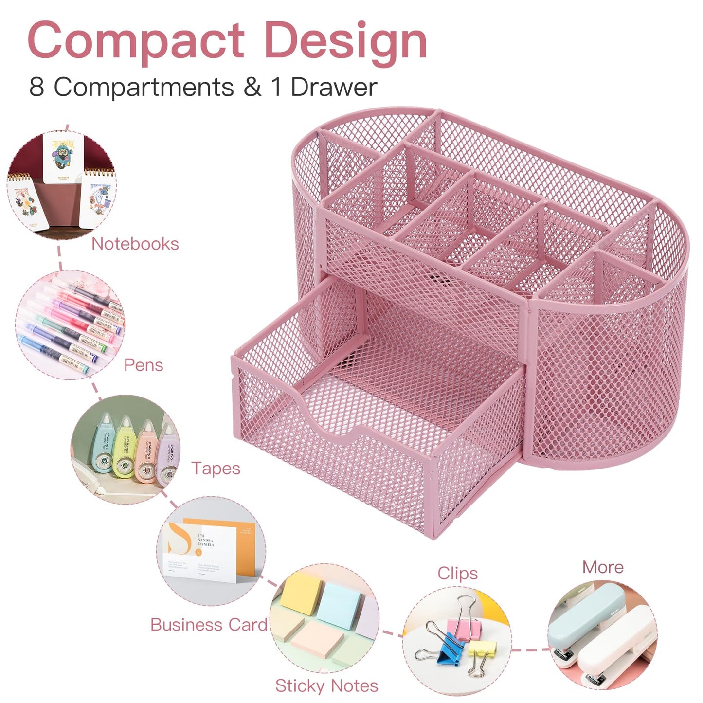 EOOUT Pink Desk Organizer, Pen Holder for Desk and Accessories, Mesh Desk Organizer with 8 Compartments and 1 Drawer for Office Home School Classroom