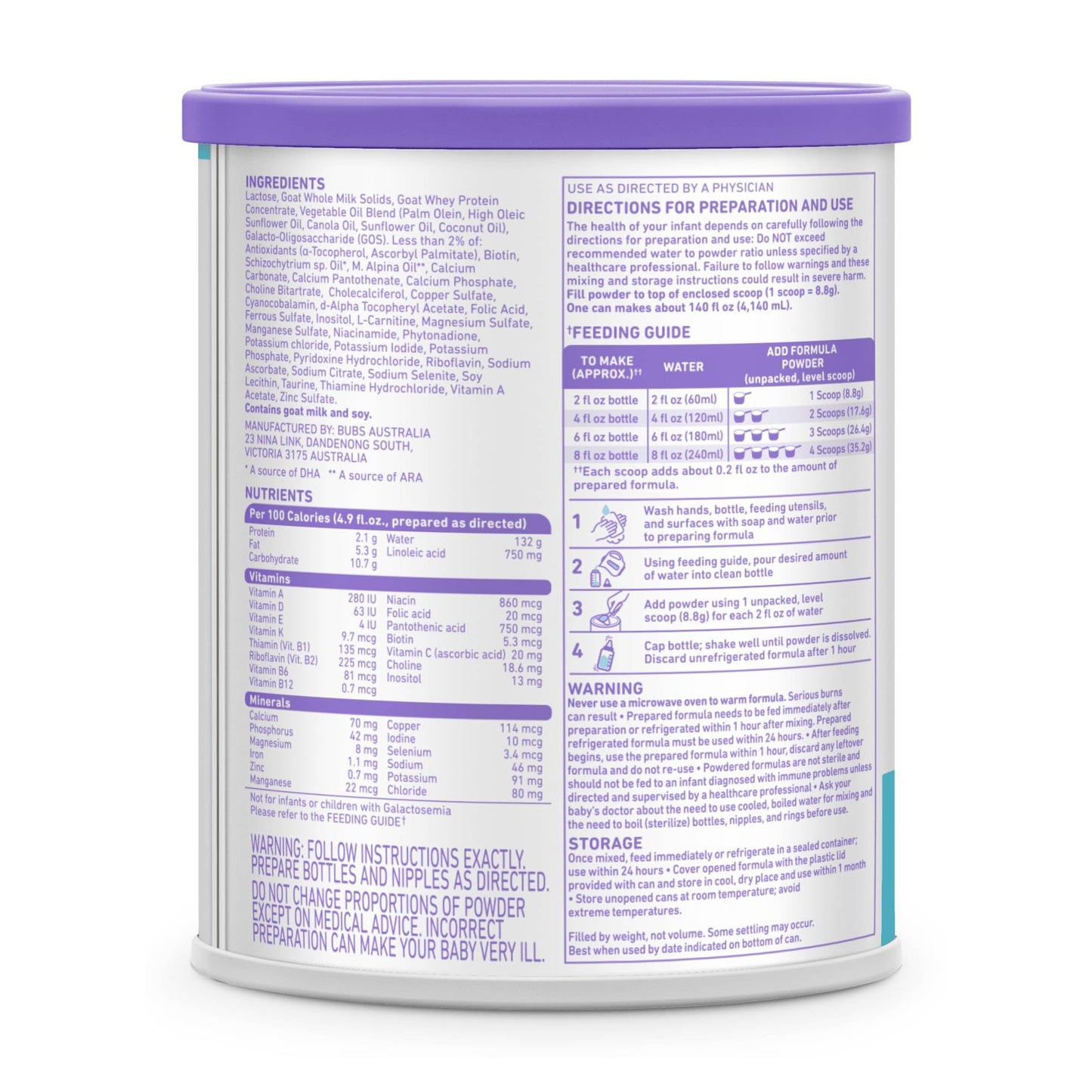 Bubs Whole Goat Milk Formula with Iron, Goat Milk-Based Powder, for Infants 0-12 Months, Made with Non-GMO Goat Milk, 20 oz