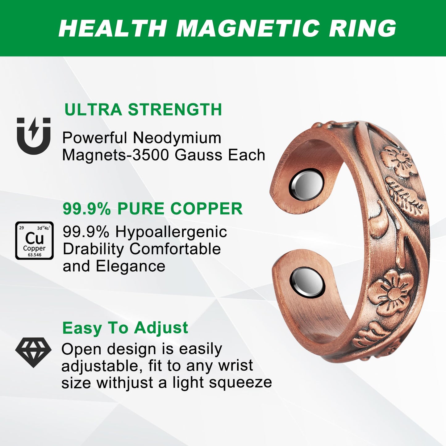 99.9% Pure Copper Magnetic Ring with 3Pcs Magnets Magnetic Rings Women, Fingers, Thumb Copper Ring Jewelry