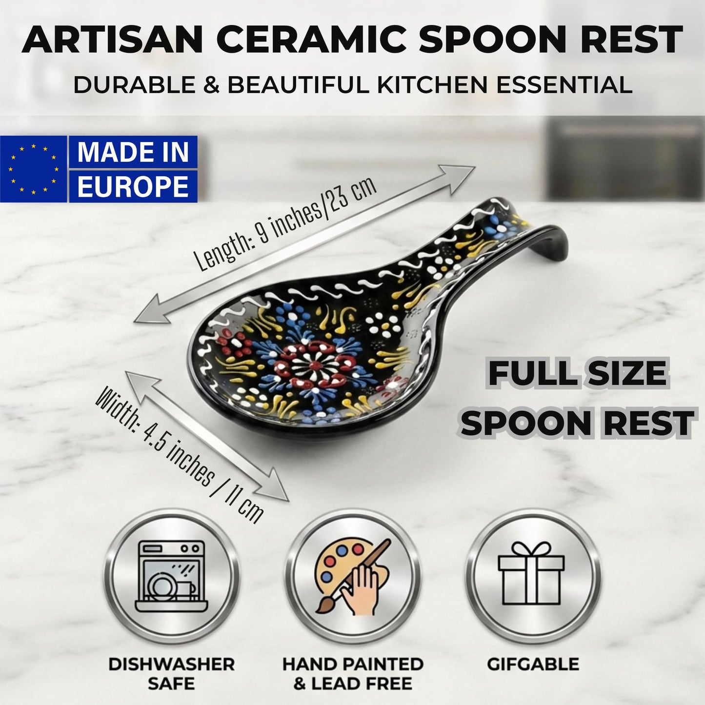 BCS Ceramic Spoon Rest, Large 9” Hand Painted Spoon Holder for Stove Top & Kitchen Counter, Dishwasher Safe & Heat Resistant Utensil Holder, Floral Kitchen Decor, Handmade Pottery