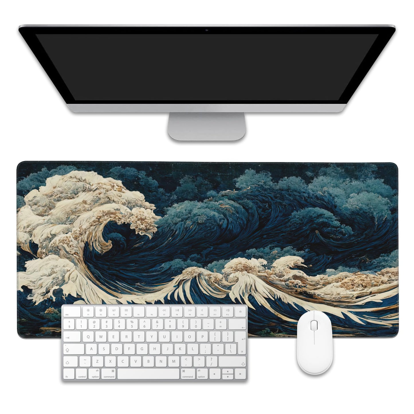 EOBKLAX Japanese Ocean Waves Large Gaming Mouse Pad,Waterproof Desk Mat for Desktop,Non-Slip Rubber Base Mousepad with Stitched Edges for Laptop Office and Home 35.4X15.7 Inch