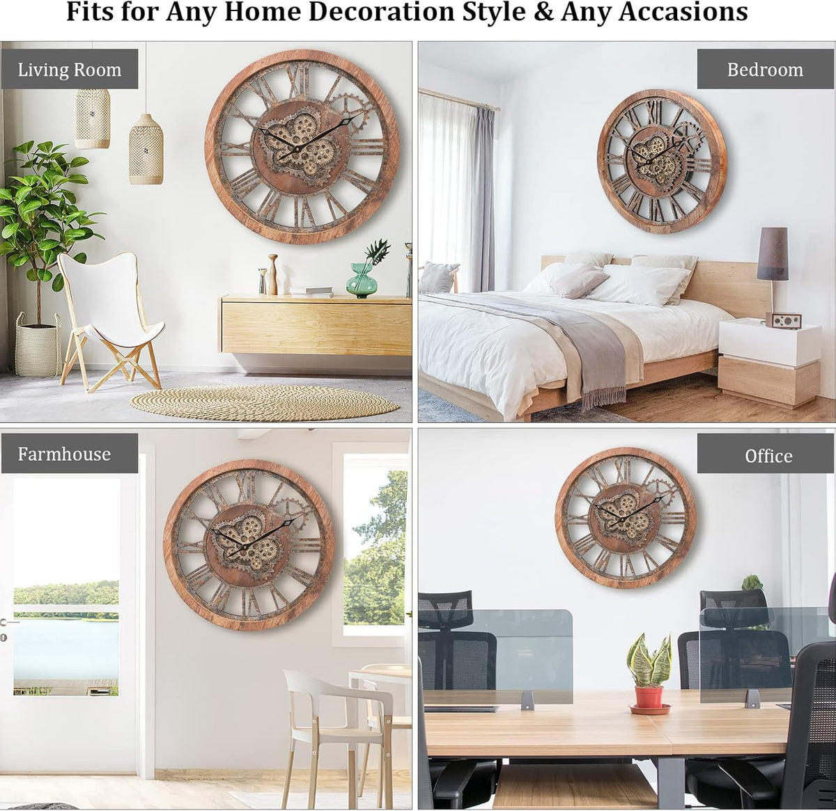 HOIBAI Large Wall Clock, Wall Clocks for Living Room Decor 20 Inch Farmhouse Vintage Rustic Kitchen Wall Decor Vintage Roman Oversized Wall Clock for Home Bedroom House, Moving Gears Clock