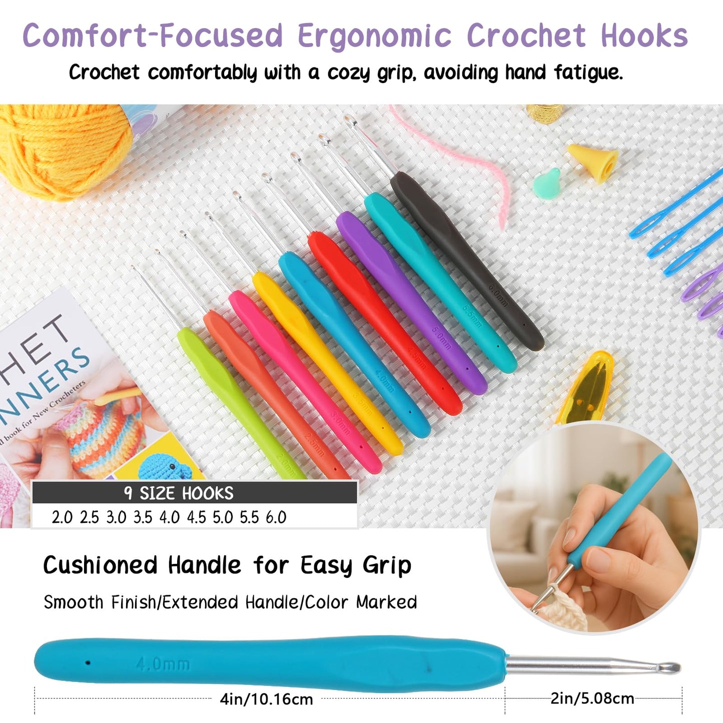 JC CRAFT Deluxe Beginner Crochet Kit – 116-Piece Set with 20 Yarns, Ergonomic Hooks, Accessories, Book for Beginners & Online Tutorial – DIY Starter Kit for Adults & Teens with Purple Bag & Case