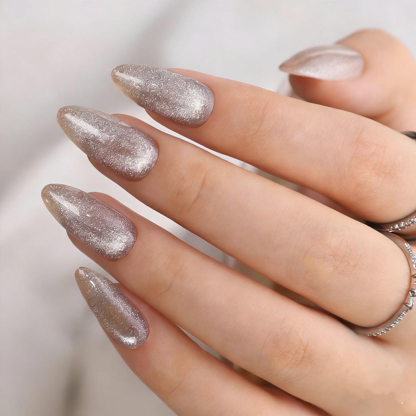 Silver Crystal Cat Eye Medium Almond Press on Nails - Chrome Magnetic Gel Nails Kit, Reusable 32 Pcs with Glue & 16 Sizes for Women, Parties, Events