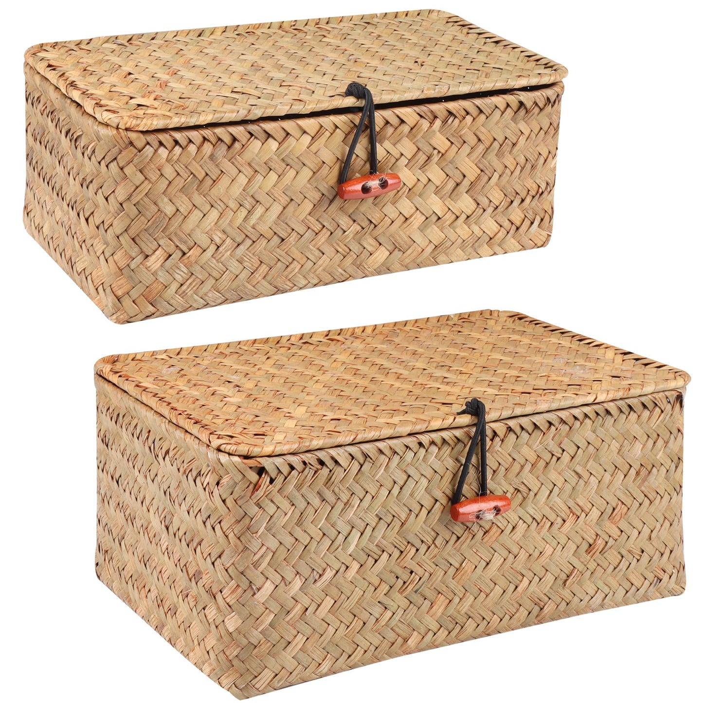 Moosky Wicker Shelf Baskets with Lid,Handwoven Seagrass Basket for Storage Basket Bins Rectangular Home Organizer Gift Boxes (Natural Set of 2)