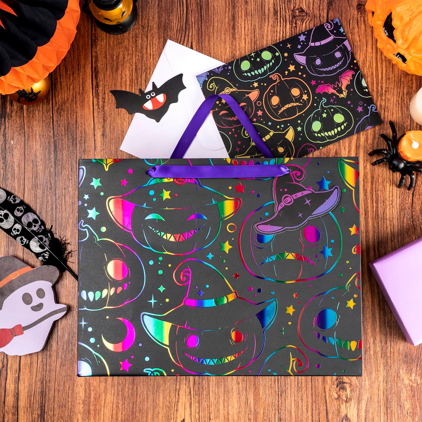 LeZakaa Halloween Wrapping Paper Roll 13" Gift Bag with Tissue Paper, Gift Tag, and Card, Evil Pumpkin Fluorescent Black Design