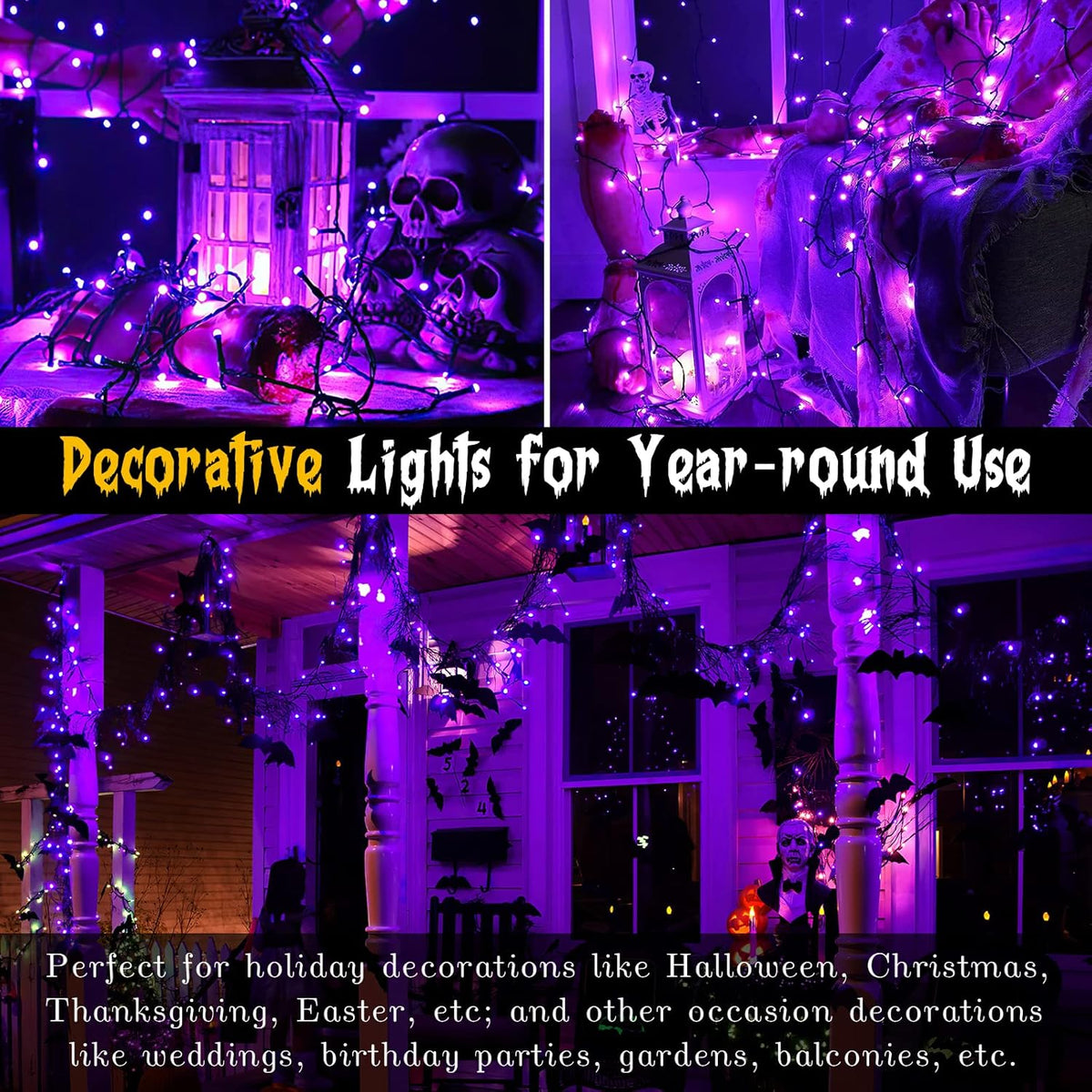 Techip Halloween Lights Purple String Lights Mini Lights Indoor Outdoor 300 LED Outdoor Party Decorations 108FT Waterproof Connectable Twinkle Fairy String Lights for Wedding Garden Tree