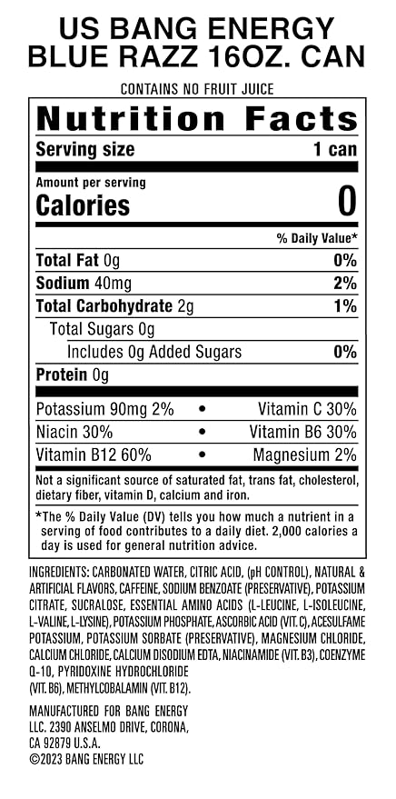 Bang Energy Blue Razz, Sugar-Free Energy Drink, 16-Ounce (Pack of 12)